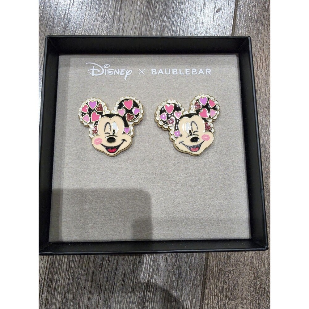Disney x BaubleBar Minnie Mouse Pink Hearts Movable Stud Earrings Gold NIB